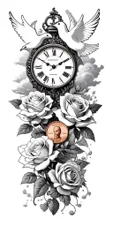 Roses, white doves, clock , clouds,a penny, 1029 tattoo design idea