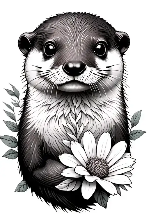 otter with flowers tattoo design idea