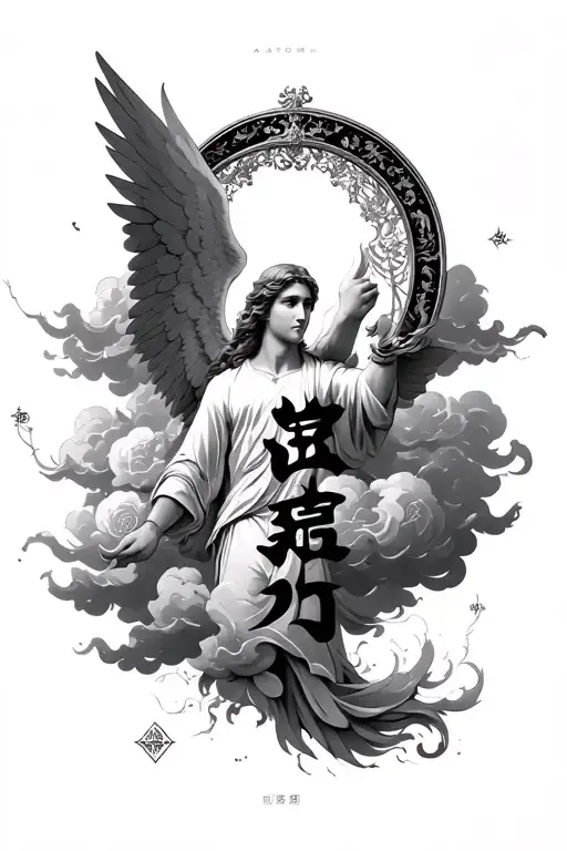 clouds arm sleeve with arch angel michael and chinese letter for love  tattoo design idea