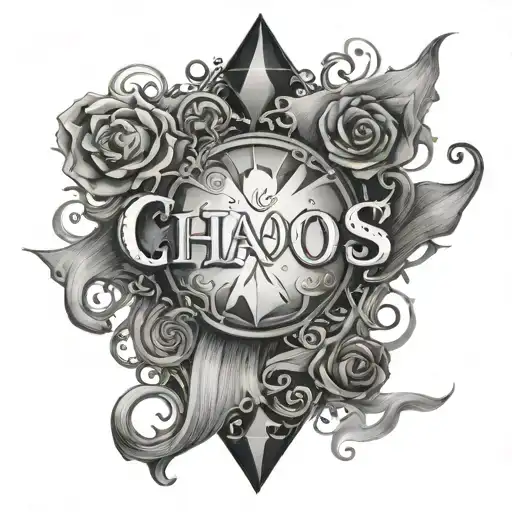 fairytale style with the word 'chaos' written through it but in black and white diamond tattoo design idea