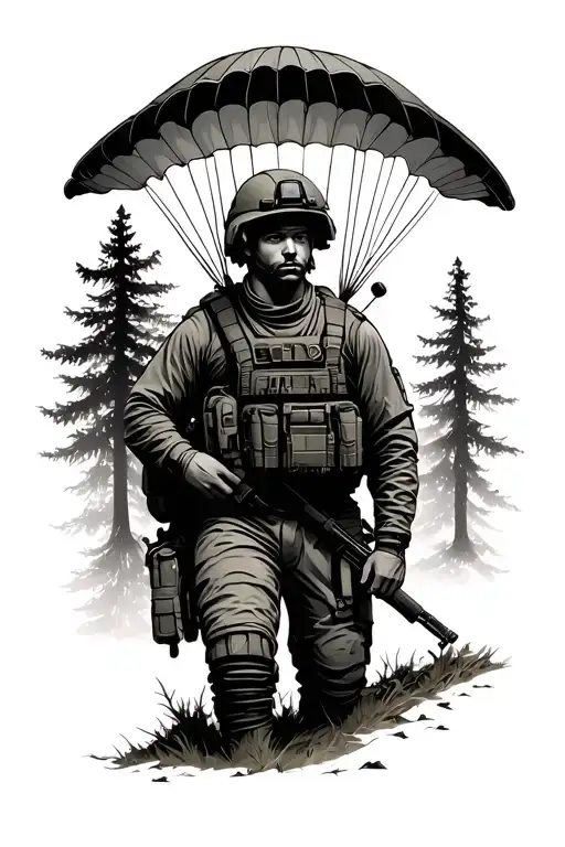 parachute soldier forest tattoo design idea