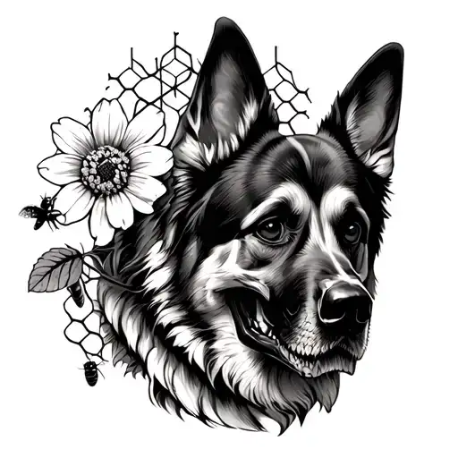 Bees honeycombs and the flower of life, skull, German shepherd in the protection service tattoo design idea