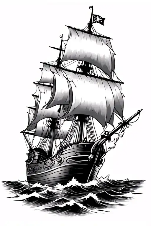 pirat ship in storm with torn sails. sailor thematic, map, compass rose anchor etc. on forearm tattoo design idea