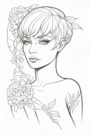 goddess of skills learned by necessity, enchanting eyes, wide hips, dressed skimpy but royal & classy short hair front f tattoo design idea