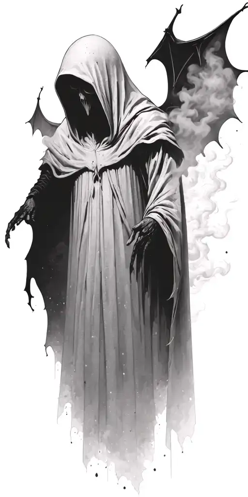 hooded reaper silohuette, smoke, fire, scary, bat wings tattoo design idea