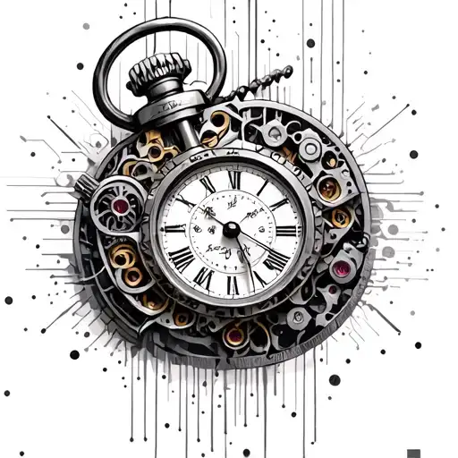 matrix code and old broken fob watch mechanism intertwined tattoo design idea