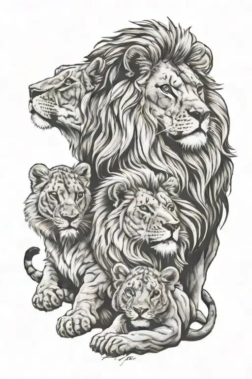 Lion with 3 cubs and lioness tattoo design idea