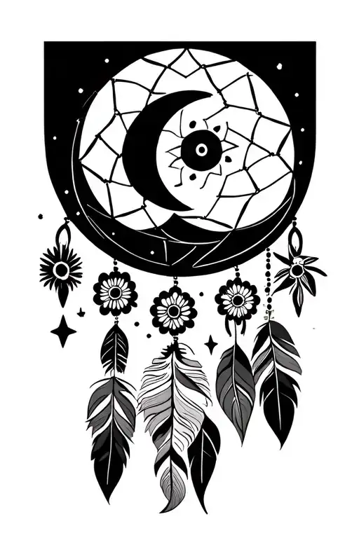 dreamcatcher, sun, moon, stars, flowers growing tattoo design idea