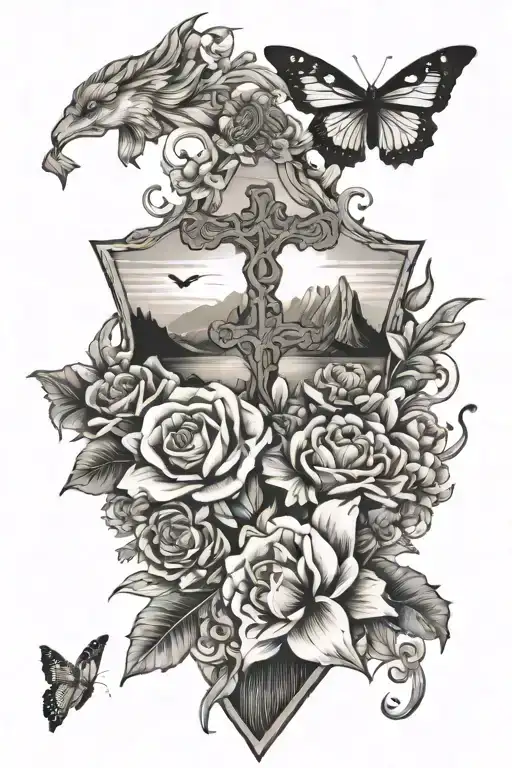 flowers, a butterfly, mountains, a sunrise, a dog paw, the ocean, fish, 11 birds, and a cross tattoo design idea