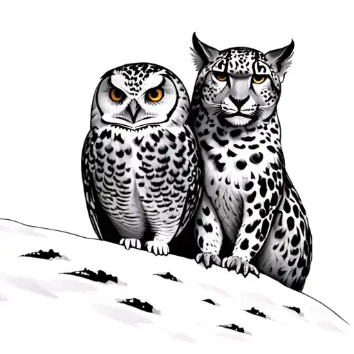 snow leopard and snowy owl perched tattoo design idea