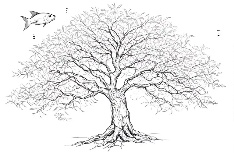 Lebanese tree, straight lines connecting everything. along with a fish age the year 10.21.1999 tattoo design idea