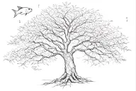 Lebanese tree, straight lines connecting everything. along with a fish age the year 10.21.1999 tattoo design idea