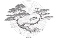 Lebanese tree, straight lines connecting everything. along with a fish age the year 10.21.1999 tattoo design idea