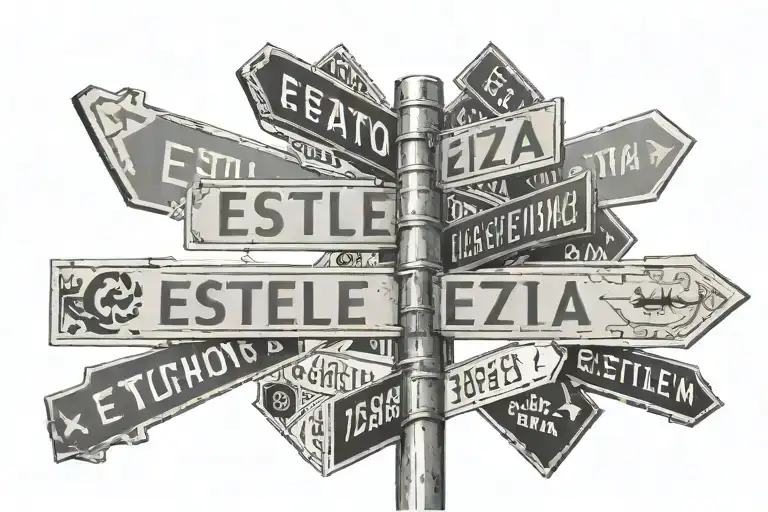 view from the ground of tall street sign with three different directions: directions "est. 2024", "ELIZA", "ESTELLE" tattoo design idea