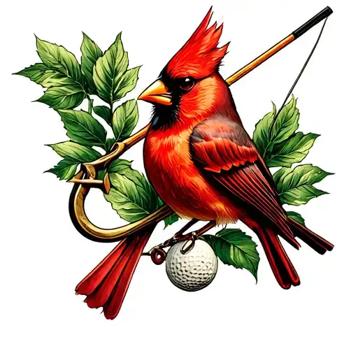 cardinal, fishing hook, cross stitching, golf tattoo design idea