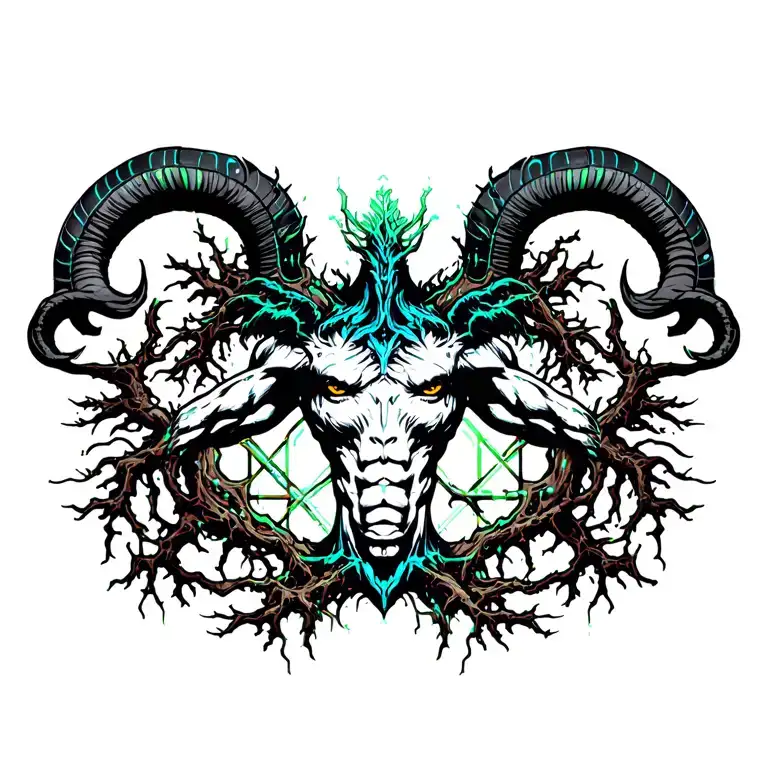 muscular male nature satyr bodybuilder shape, vines and roots design tattoo design idea