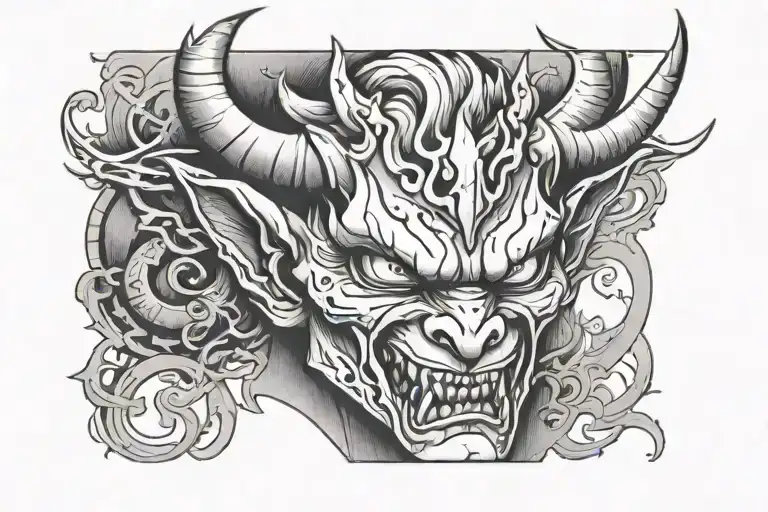 a forearm band tattoo with devil face in the middle tattoo design idea