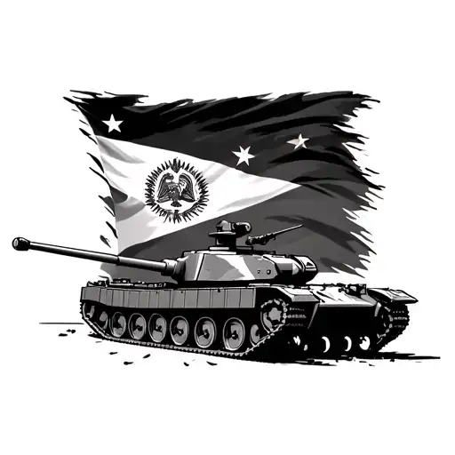Half sleeve, black ink tattoo of a military tank, the flag of Venezuela tattoo design idea