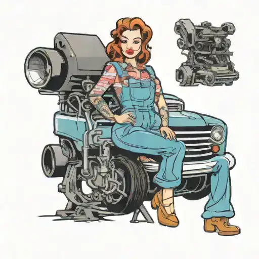 A pinup girl in overalls leaning against a muscle car engine tattoo design idea