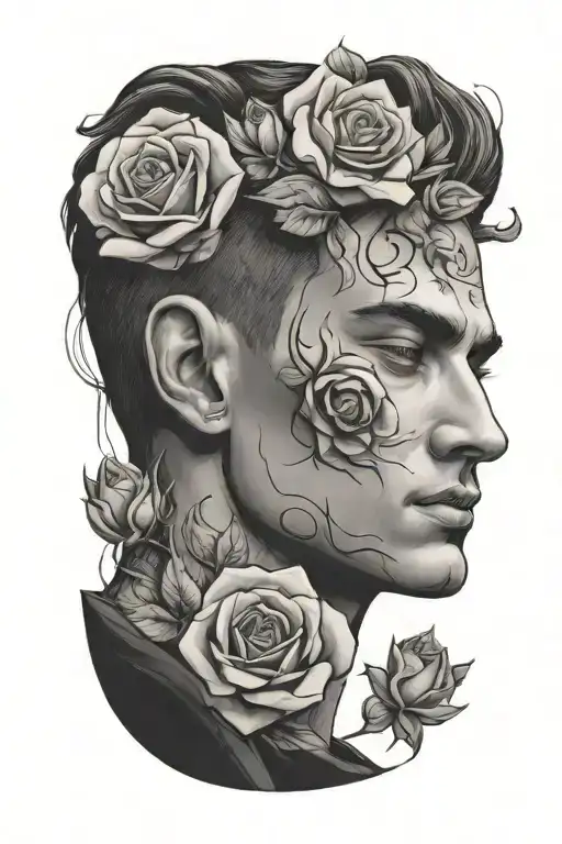 elegant mans face surrounded by roses tattoo design idea