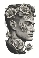 elegant mans face surrounded by roses tattoo design idea