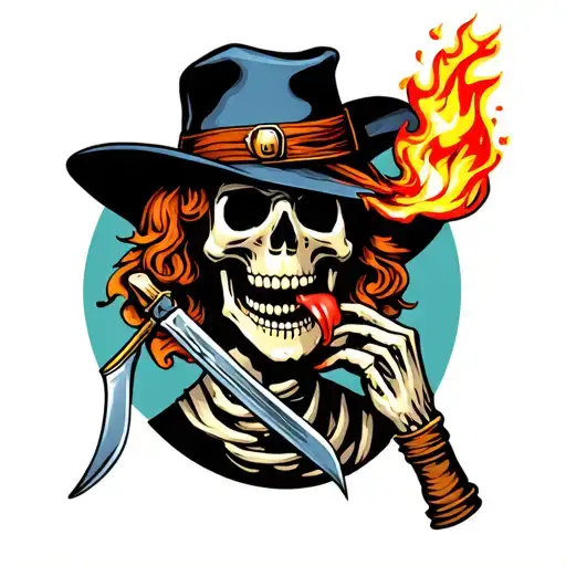 skeleton wearing a hat with his tongue out, in one hand a knife about to pierce his tongue and in the other a flaming ba tattoo design idea