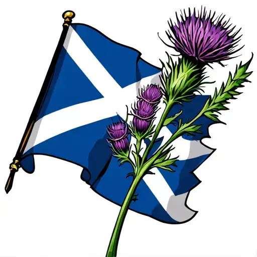 Scotland flag waving with heather and thistle in foreground tattoo design idea
