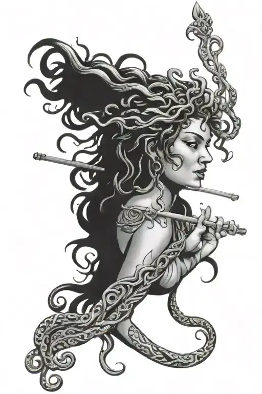 medusa playing flute tattoo design idea