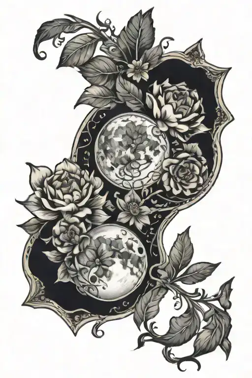 lunar phases and flowers intertwined tattoo design idea
