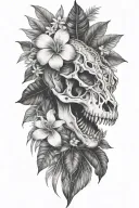 tropical leaves with flowers an T Rex skull tattoo design idea