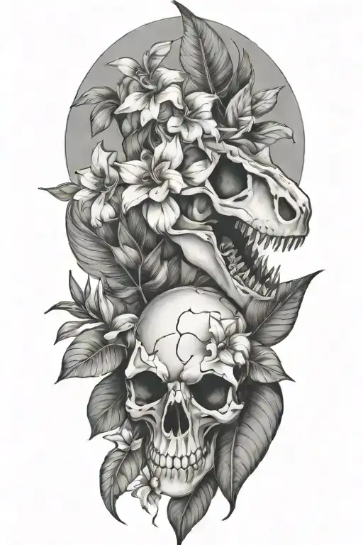 tropical leaves with flowers an T Rex skull tattoo design idea