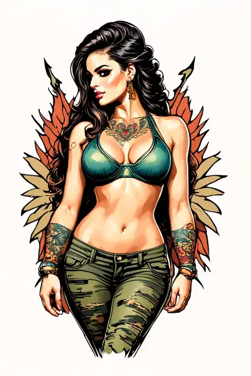Sexy pin up girl, side profile, full body view, standing, petite, large boobs, Army tattoo design idea