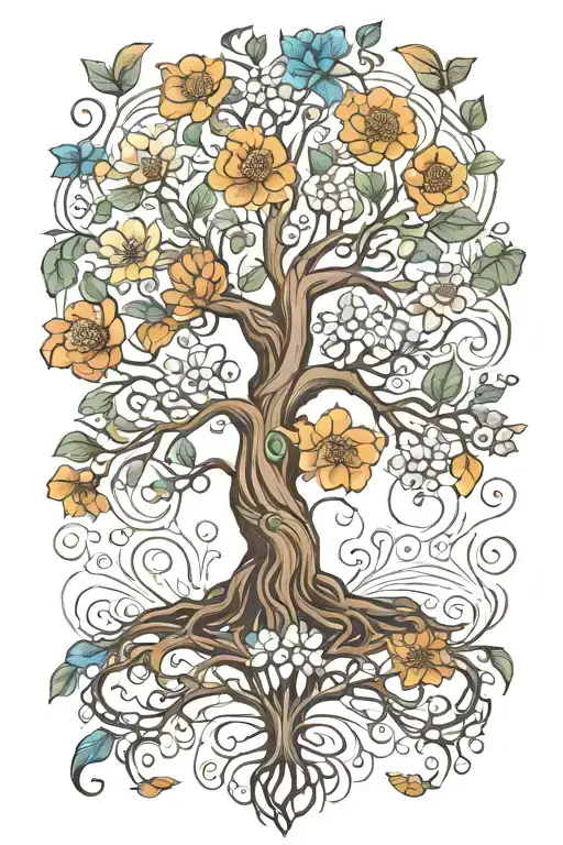 tree of life with May, August, October, November, June birth flowers tattoo design idea