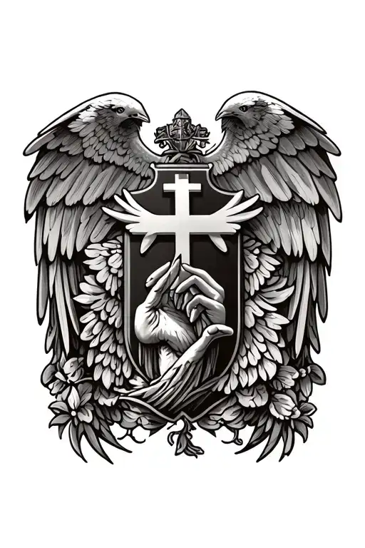 Coat of arms with pair wing of dove and cross and hand of god father on top tattoo design idea