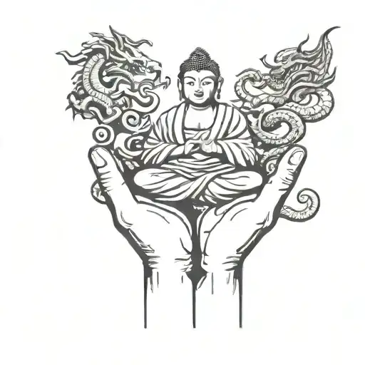 budda hands holding, 2 greak tower surouded by dragons tattoo design idea