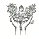 budda hands holding, 2 greak tower surouded by dragons tattoo design idea