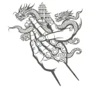 budda hands holding, 2 greak tower surouded by dragons tattoo design idea