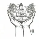 budda hands holding, 2 greak tower surouded by dragons tattoo design idea