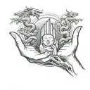 budda hands holding, 2 greak tower surouded by dragons tattoo design idea