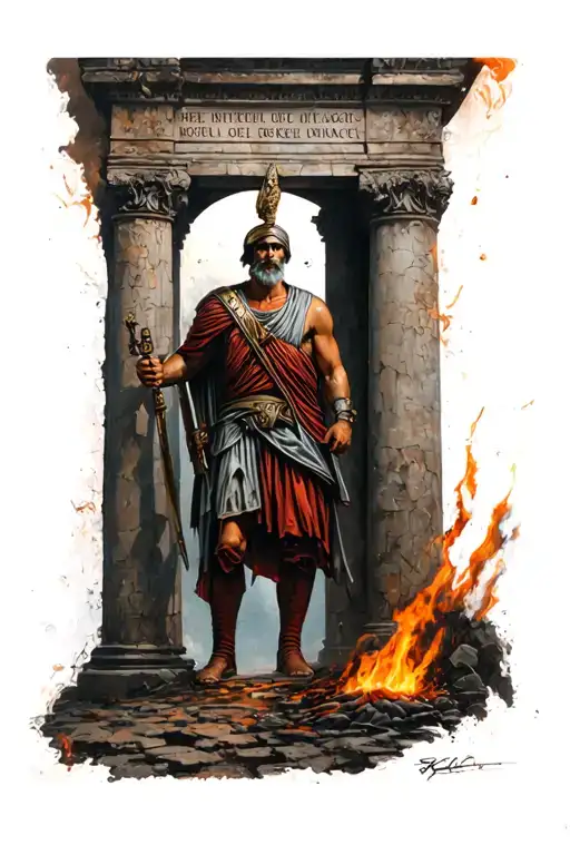 greek gate to hell soldier standing tattoo design idea