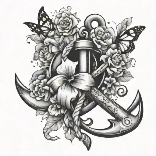 anchors with flowers hearts and butterflies  tattoo design idea