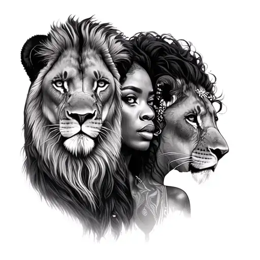 African woman with lions and vibes tattoo design idea