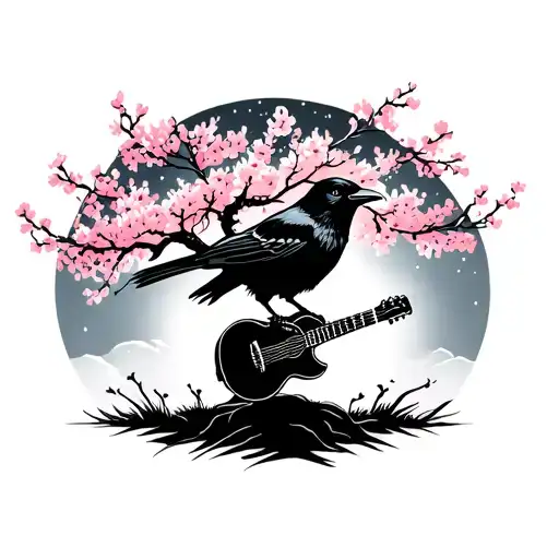 A crow playing a guitar under a cherry blossom tree at night tattoo design idea