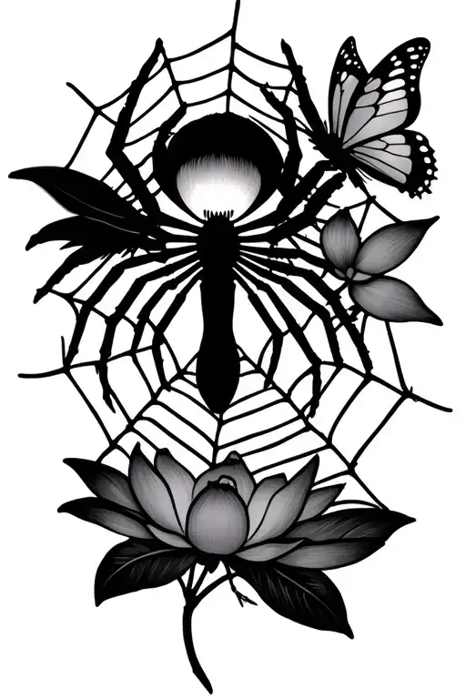 spider on web with lotus flowers intertwined and a silhouette. make sure to add butterfly's too and a cross  tattoo design idea