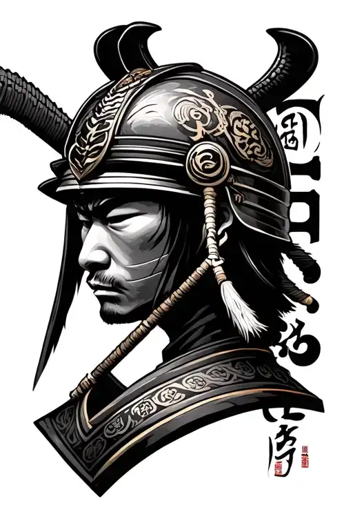 Samurai head with helmet adorned with symbols tattoo design idea