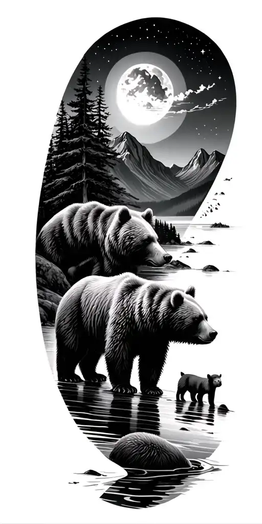 mountins and trees with water flowing down to the beach, two adult bears with two cubs, night sky with stars  tattoo design idea