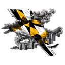 Baltimore Maryland flag wrapped on a airplane flying over the Baltimore skyline with smoke billowing through  tattoo design idea