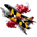Baltimore Maryland flag wrapped on a airplane flying over the Baltimore skyline with smoke billowing through  tattoo design idea