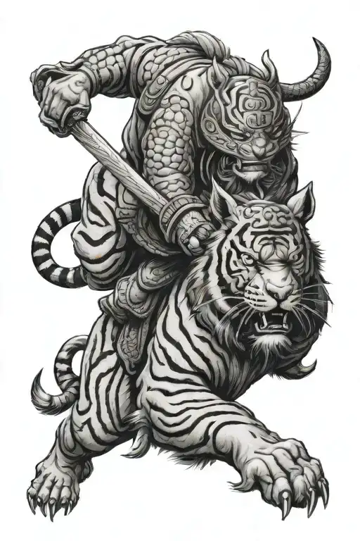 samurai with a helmet and sword riding a tiger facing forward  tattoo design idea