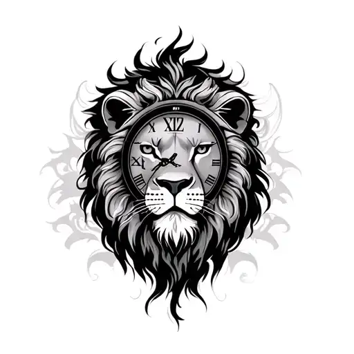 lion clock surrounded tattoo design idea